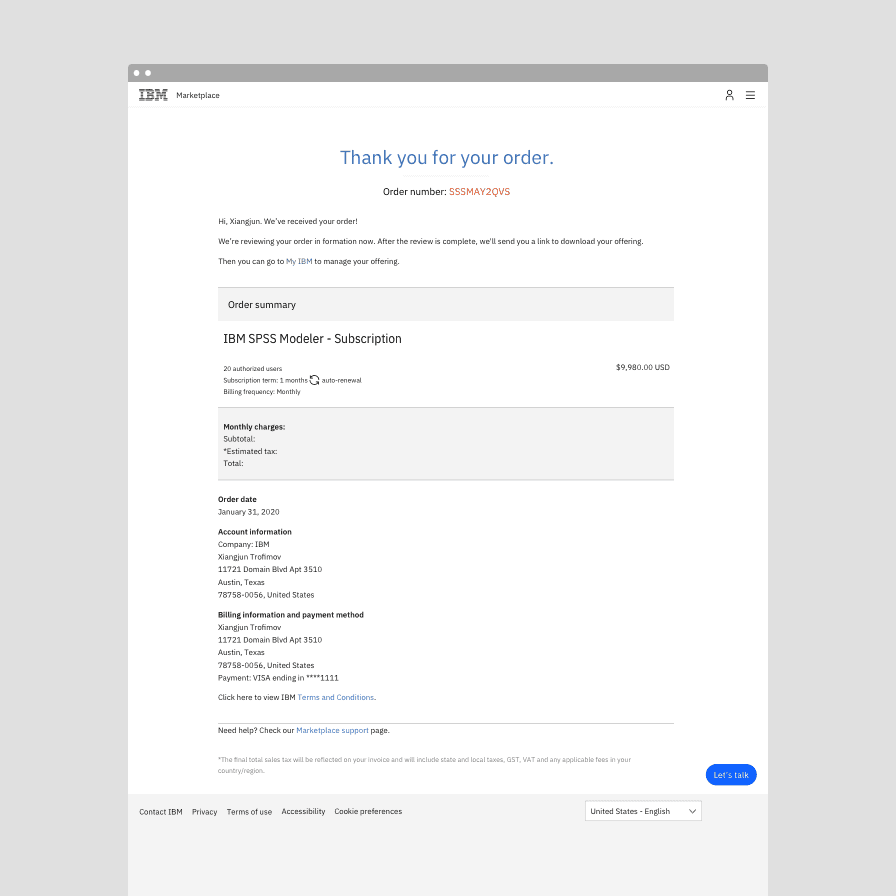 Order confirmation page prior to the redesign