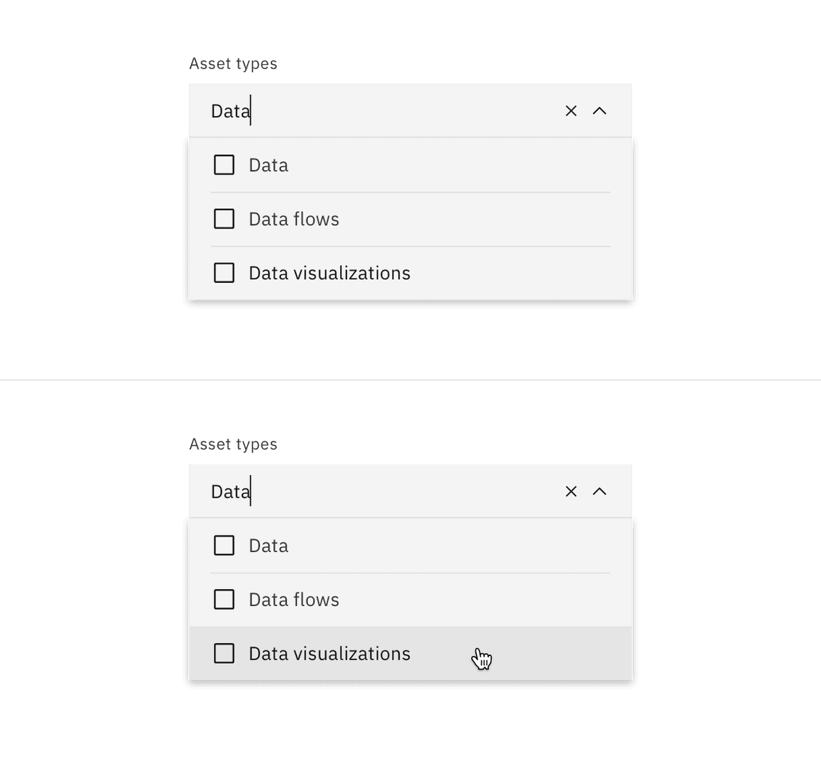 Filterable dropdown typing and filtering open menu.