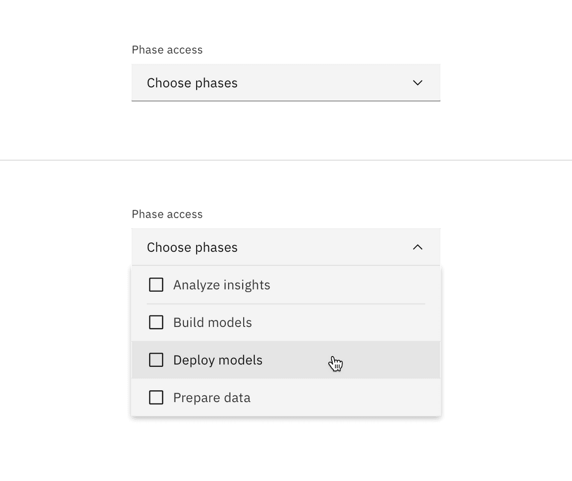 Multiselect dropdown closed and open states.