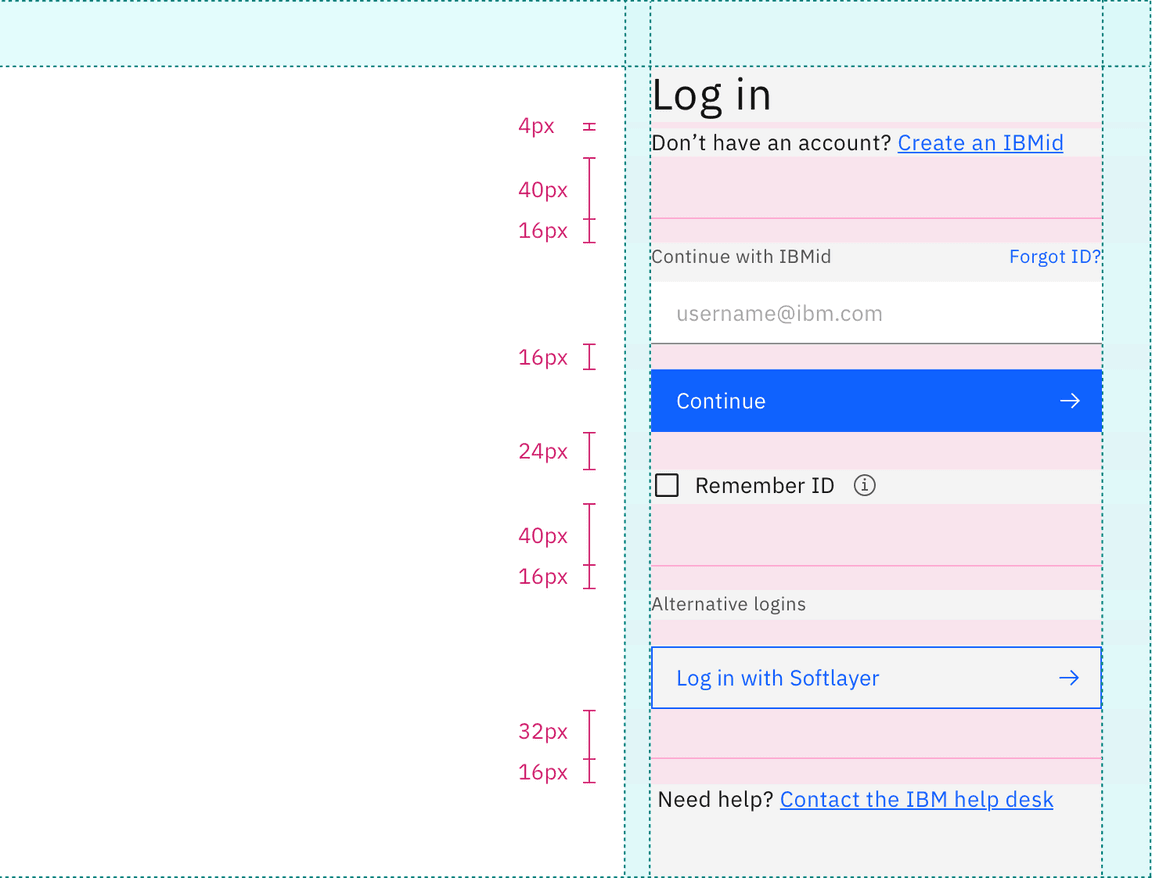 Specs for margins and vertical spacing in a split-screen login form with fixed input
