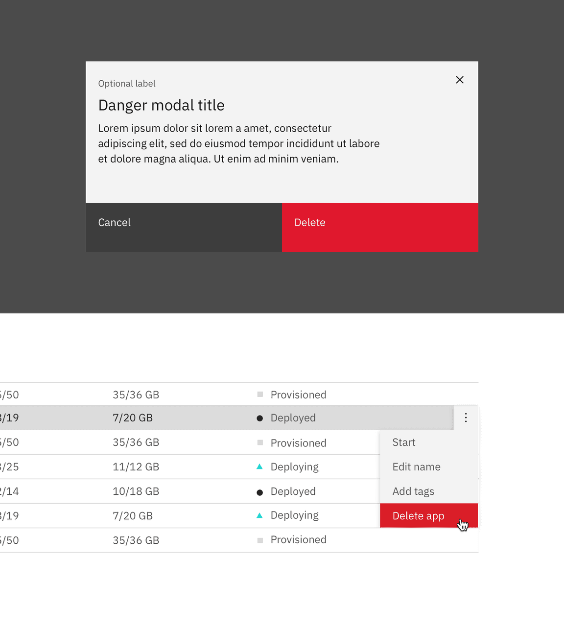 Example of delete in a modal and overflow menu