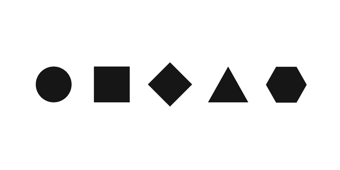 A circle, a square, a diamond, a triangle and a hexagon